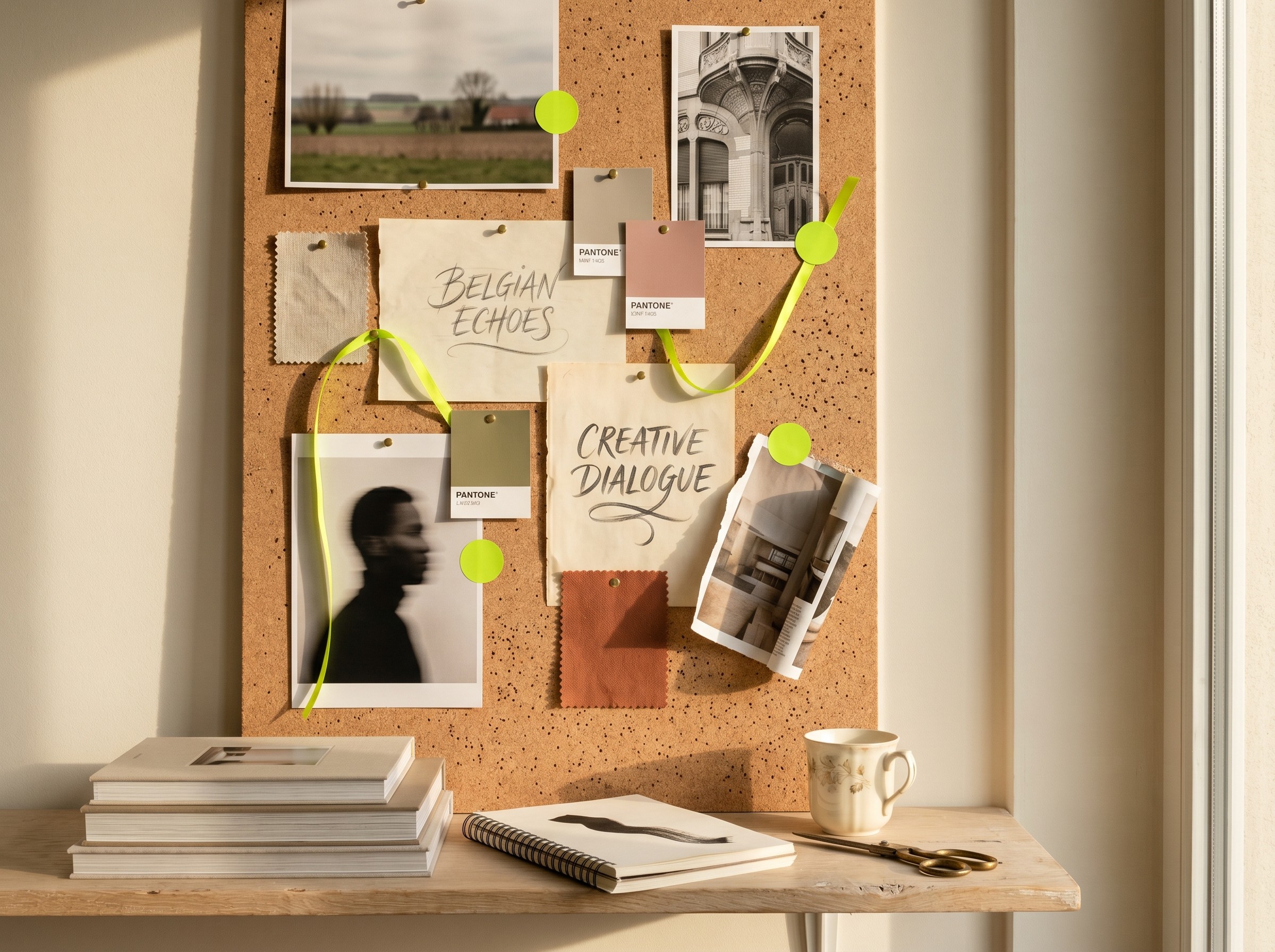 Détail d'un moodboard d'agence de communication wallonne : photos imprimees, Pantone, papiers, lime stickers et ruban tisses dans la composition.