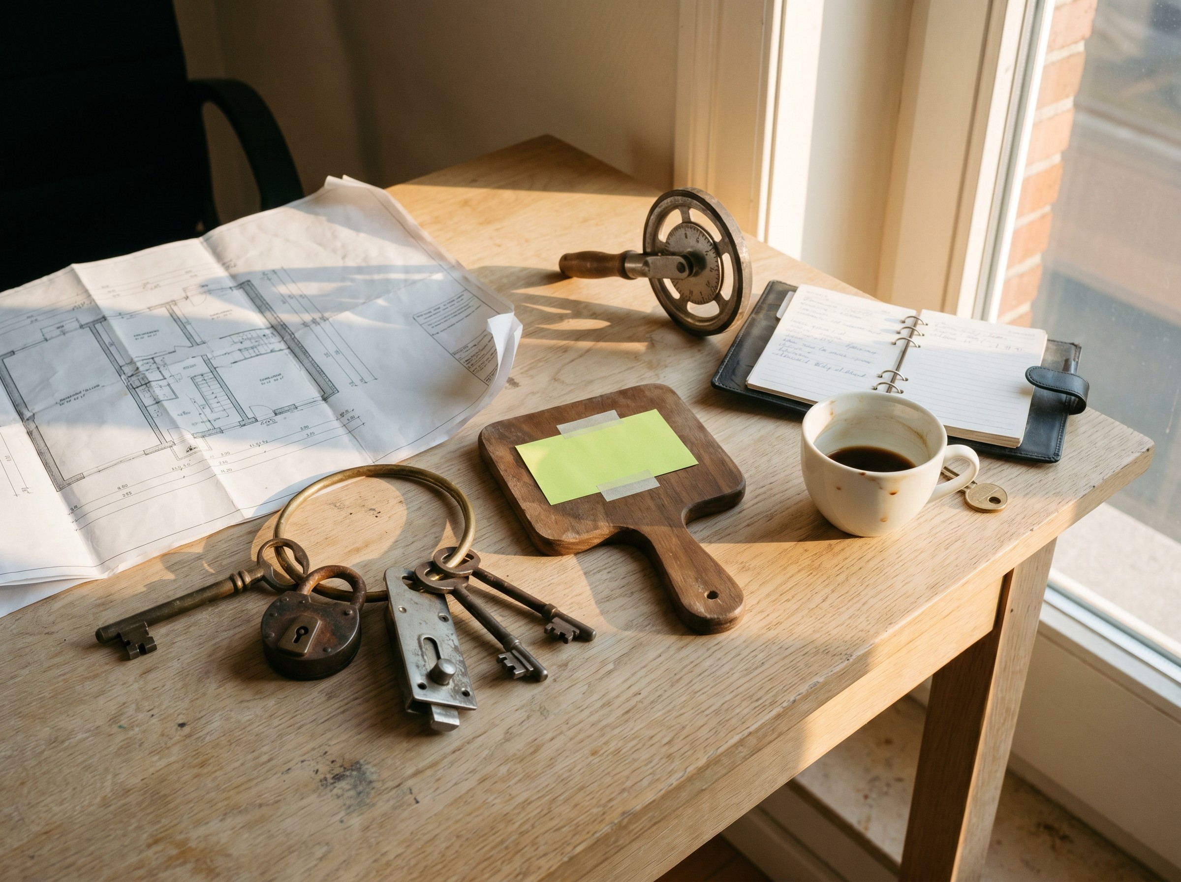 Détail d'une réception d'agence immobilière wallonne : trousseau de cinq clés laiton, plan d'appartement, étiquette lime sur paddle.