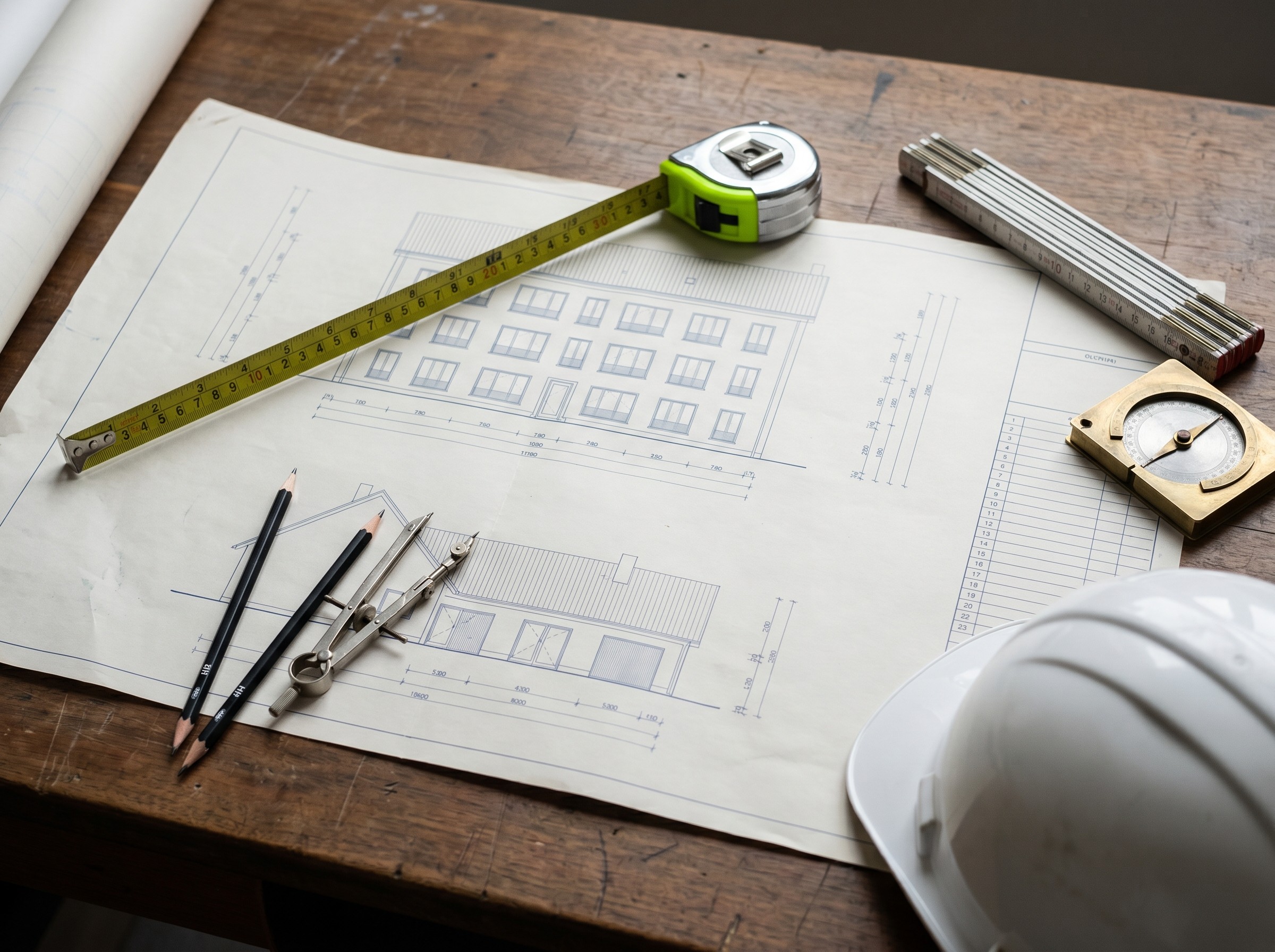 Détail d'un poste de travail de bureau d'études wallon : plan technique deploye, casque chantier, metre a ruban avec tab lime.