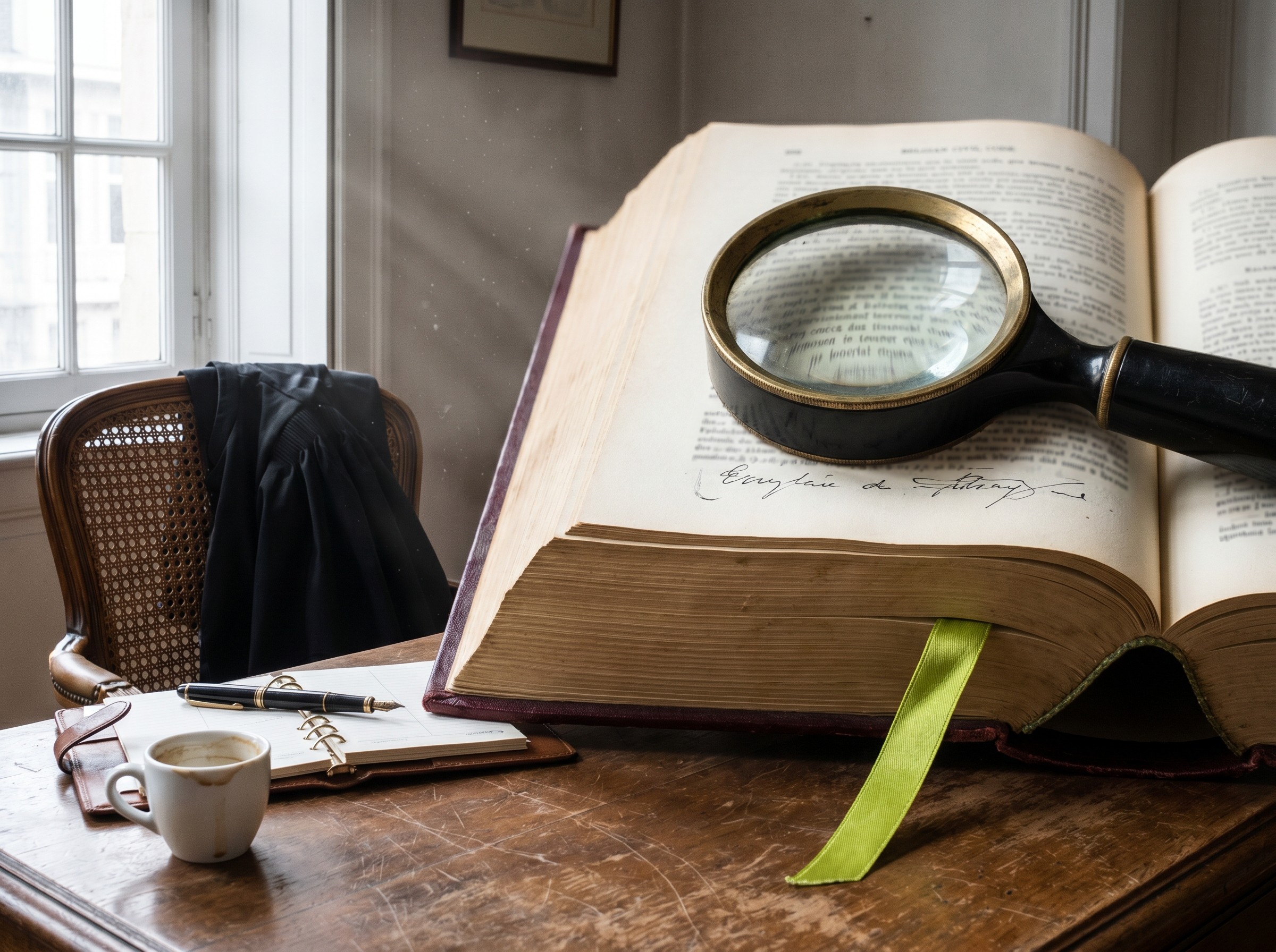 Détail d'un poste de travail d'avocat wallon : Code civil ouvert sous une loupe bakelite, toge noire, ruban lime marquant l'article cité.