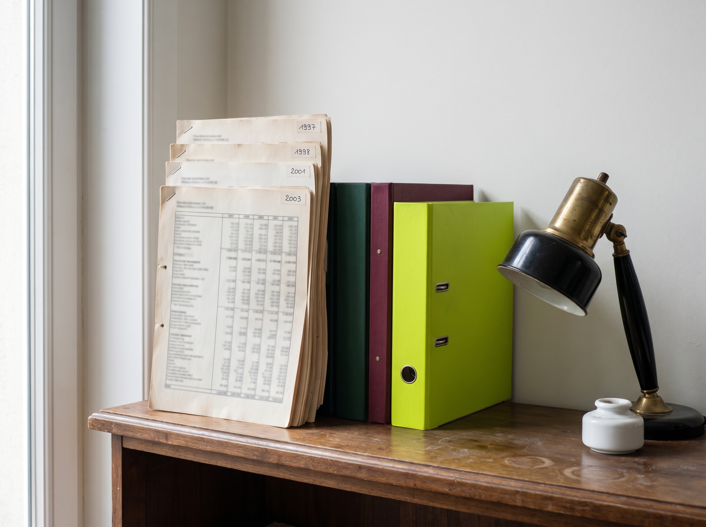 Détail d'une étagère d'archives de cabinet comptable wallon : pile de bilans annuels stapled, un classeur lime sur le suivant exercice.