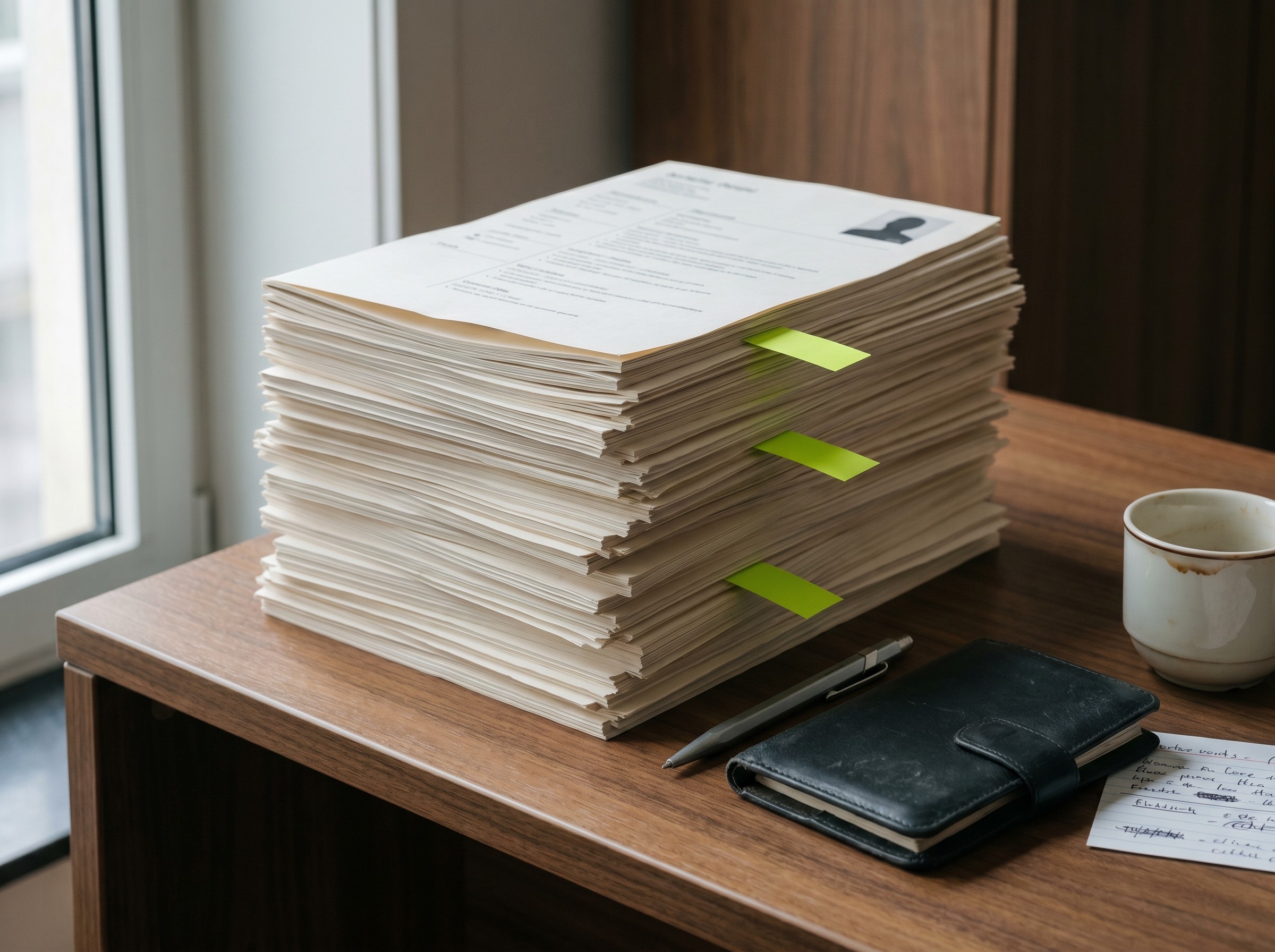 Détail d'un bureau de cabinet de recrutement wallon : pile de quinze CV agrafés, trois tabs lime marquant la shortlist.