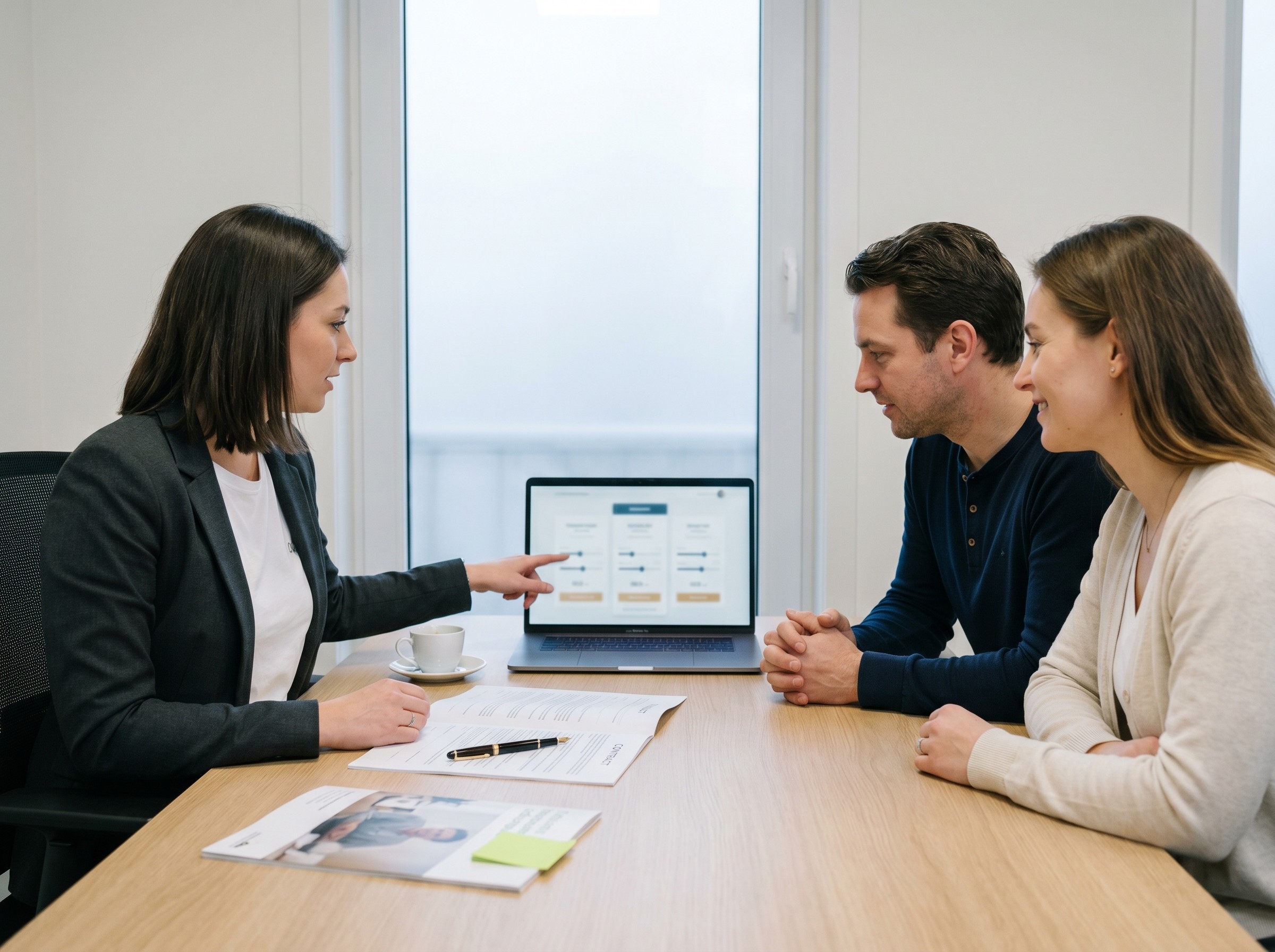 IA en courtage assurance et crédit : courtier présentant un comparatif tarifaire multi-compagnies à un couple de clients, contrat sur le bureau.