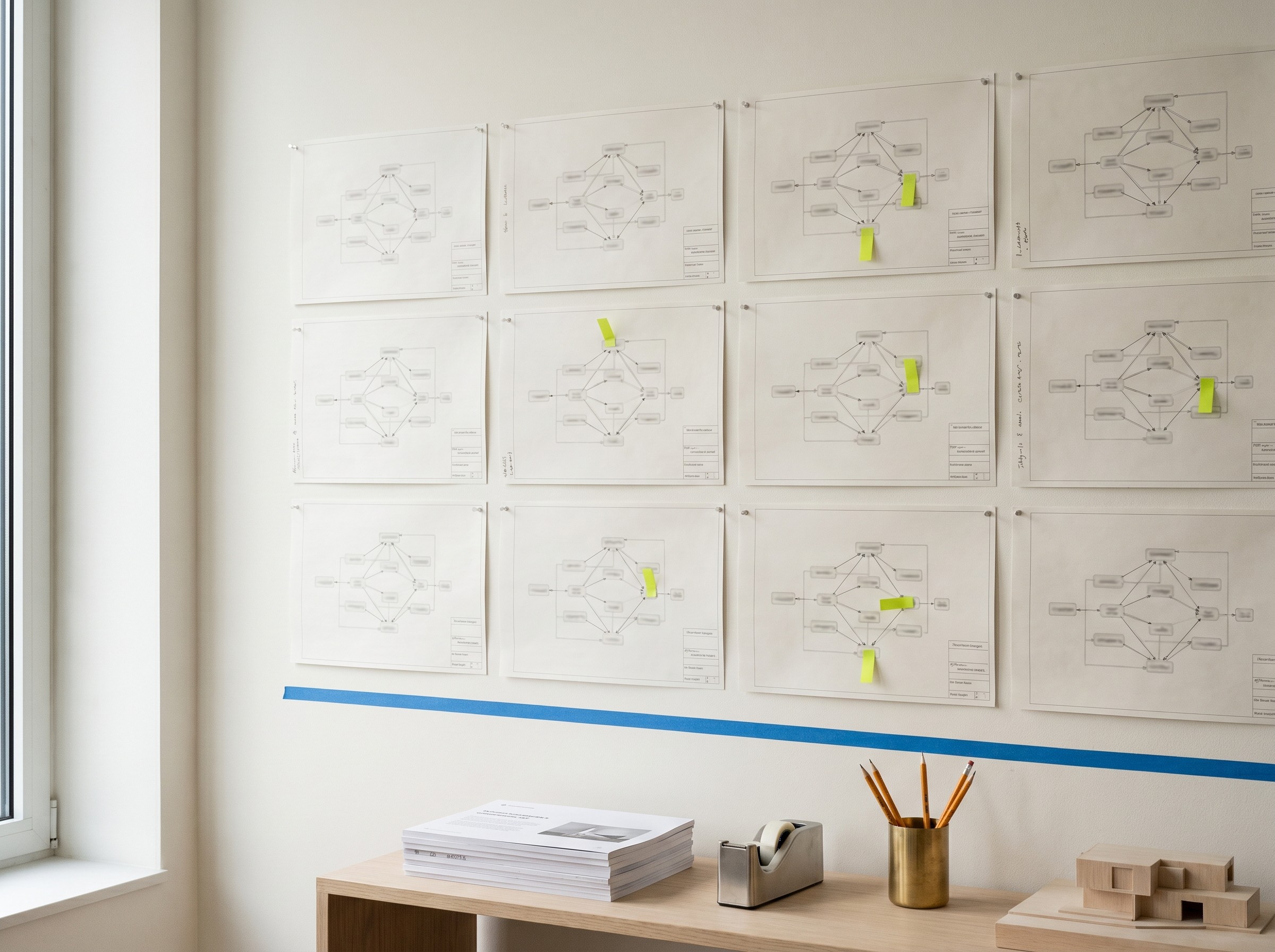 Détail d'un mur d'ESN wallon : douze schemas d'architecture epingles en grille, trois tabs lime marquant les bottlenecks.