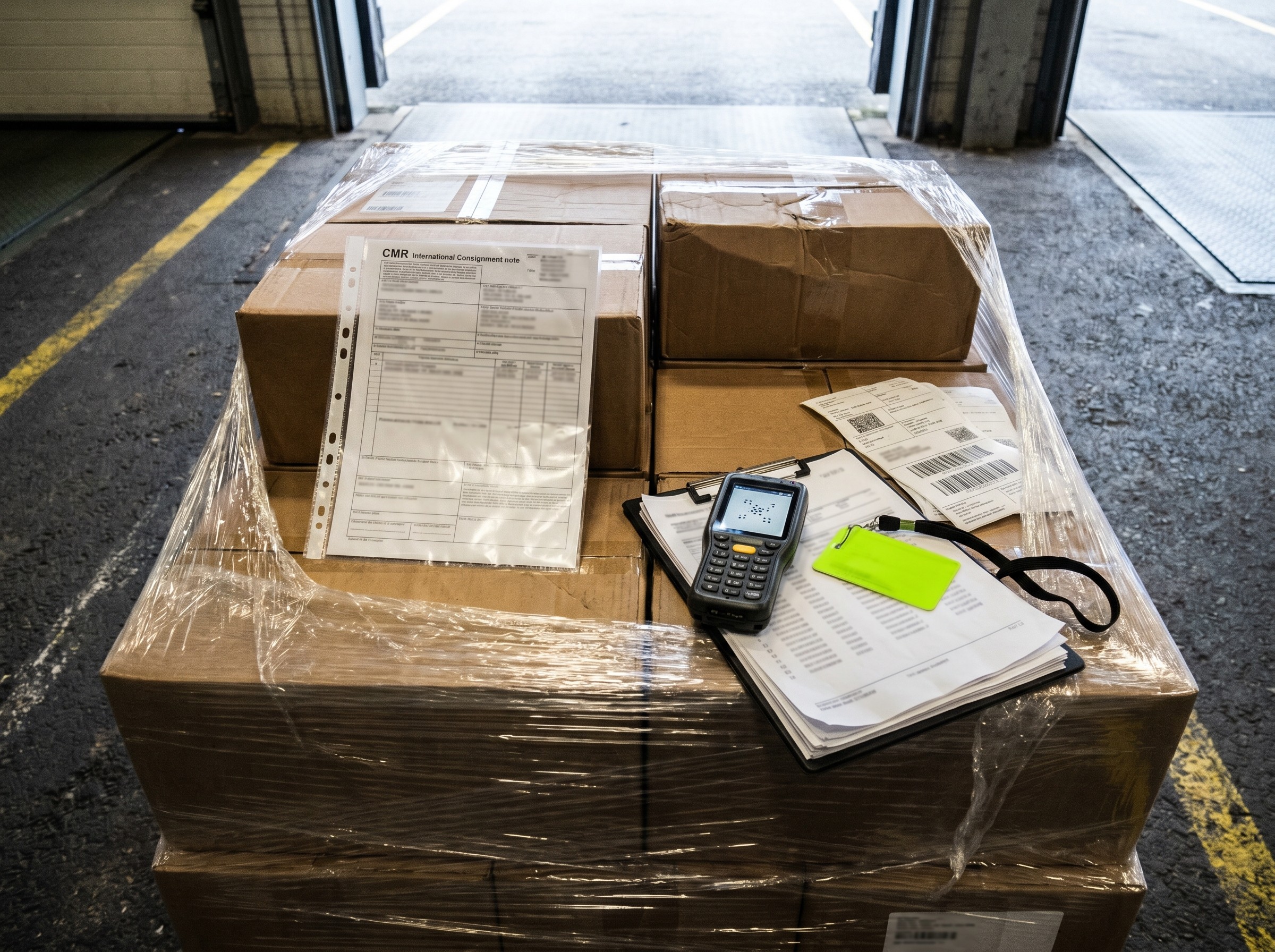 Détail d'un quai de chargement logistique wallon : pallet filme avec CMR, scanner code-barre, badge sécurité lime sur clipboard.