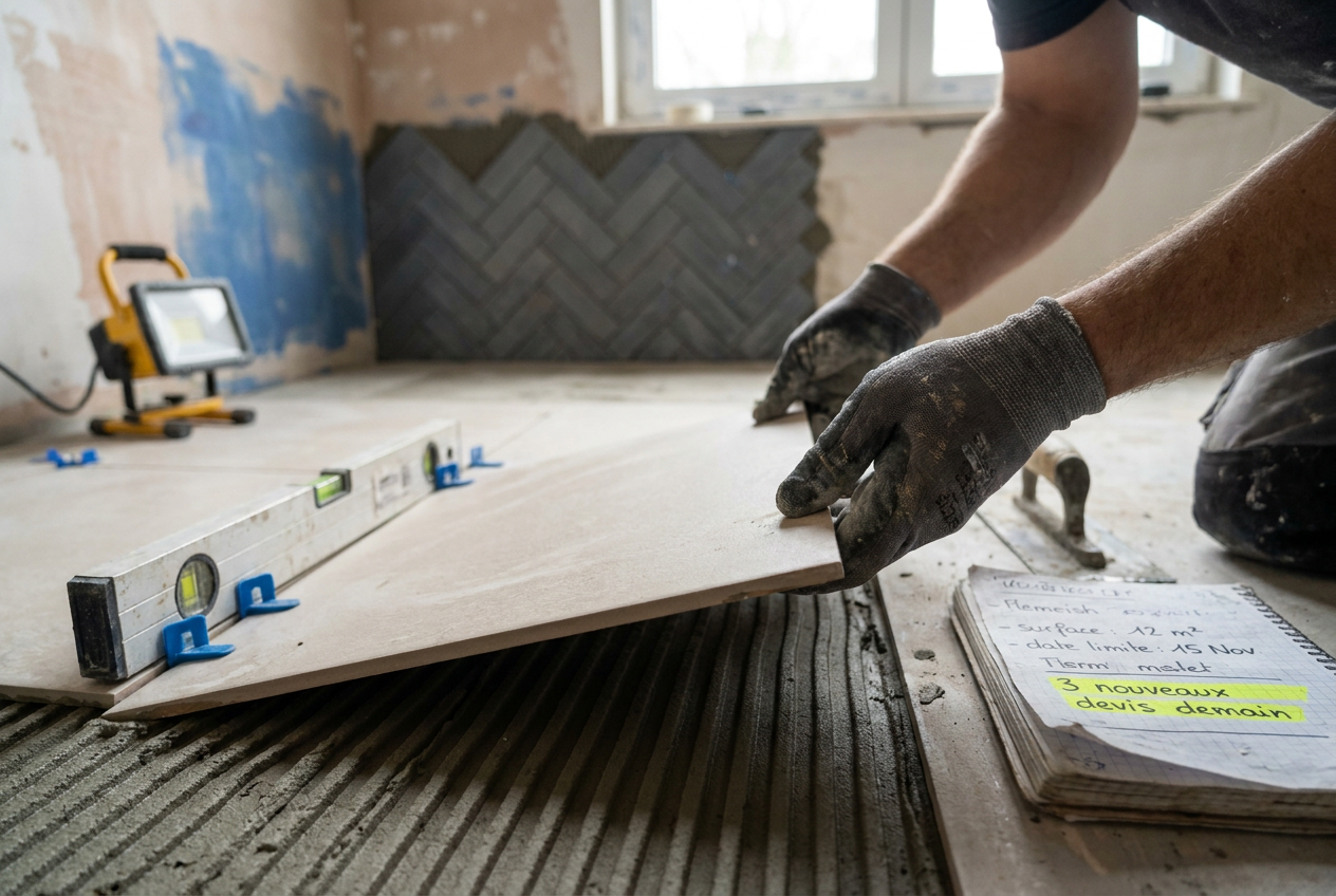 Chantier de maçonnerie et carrelage en Wallonie.