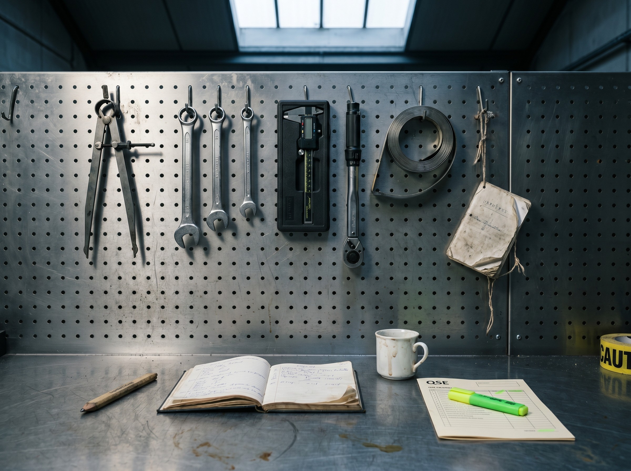 Détail d'un atelier de PME industrielle wallonne : pegboard d'outils organises, checklist QSE avec un surligneur lime sur la ligne critique.