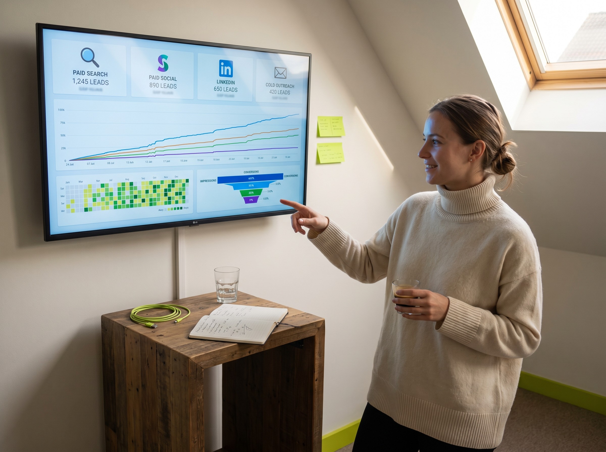 Acquisition IA-first UPia : tableau de bord d'acquisition multi-canal, dashboards et metriques en revue stratégique.