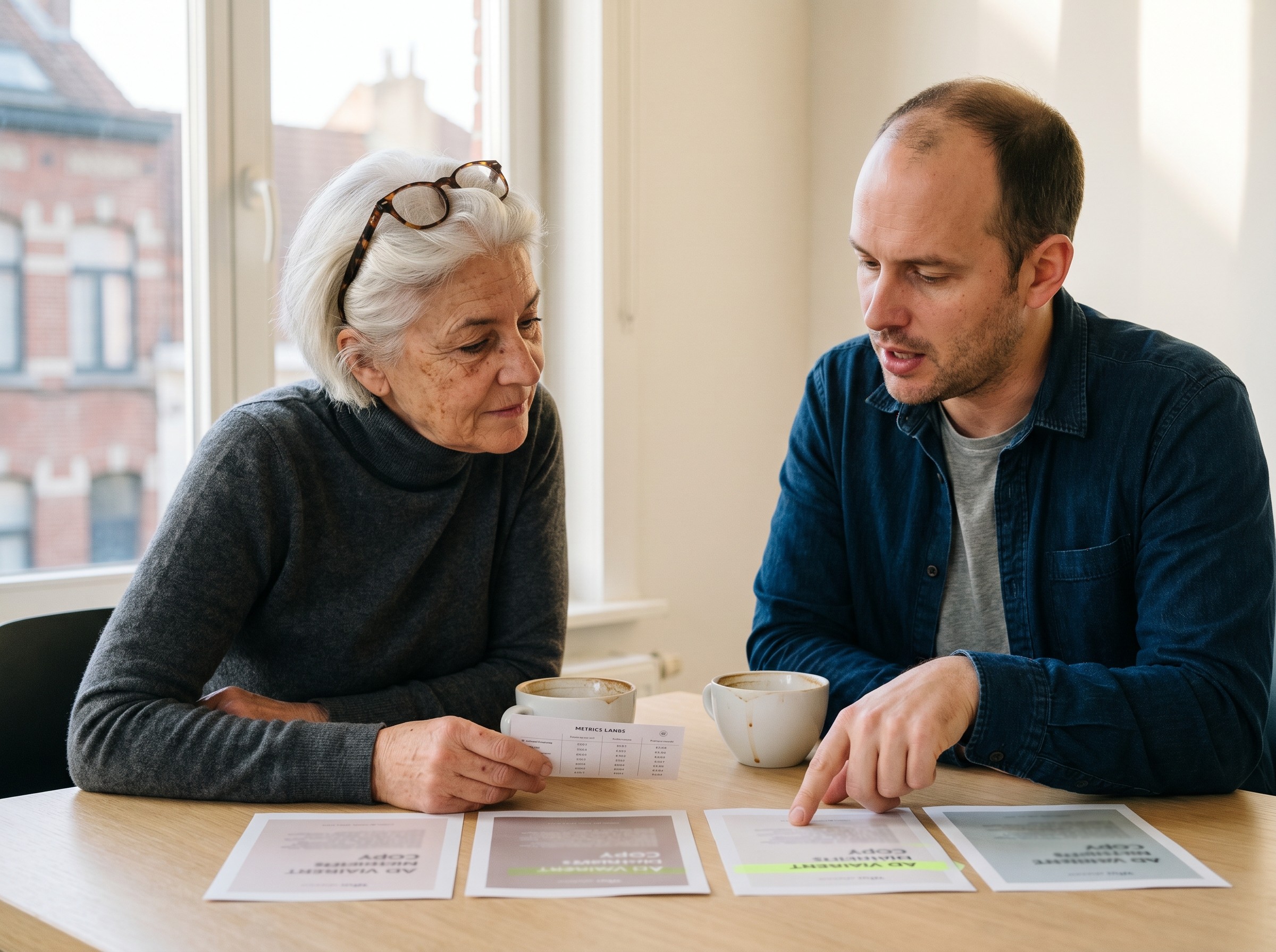 Brand 3.0 UPia : dialog entre directrice creative 54 ans et data analyst 36 ans devant 5 variants d'ads avec la gagnante marquee lime.