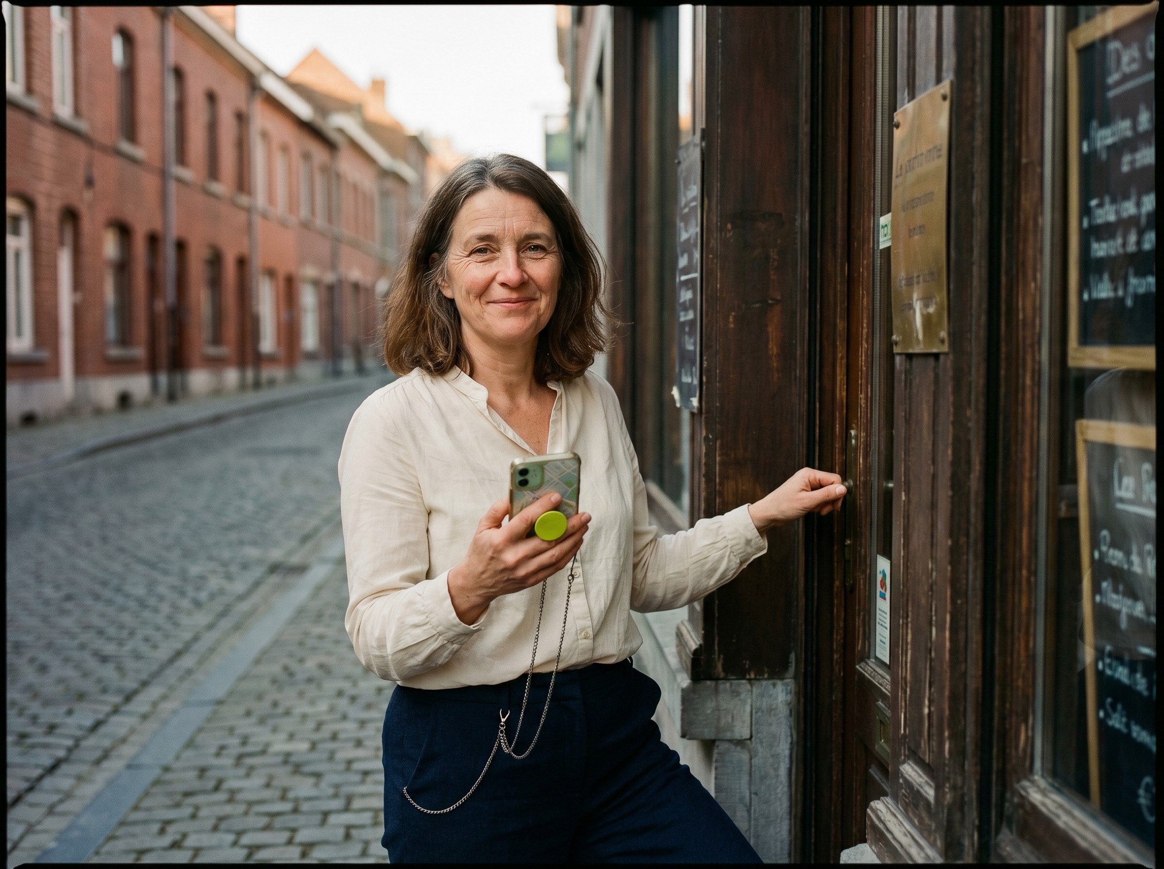 SEO local Wallonie UPia : commercante 47 ans devant l'entree de son shop wallon, smartphone affiche map locale, rue cobblestone.